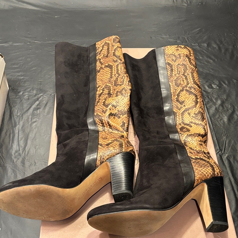 Rosegold Shoes Black and Brown Snake Print Heeled Boots